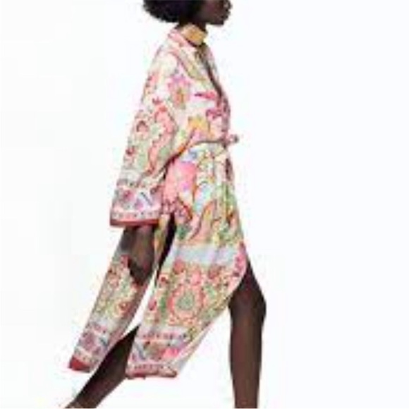 Zara NWT Satin Colorful Boho Floral Printed Belted Kimono Duster robe - Picture 6 of 12